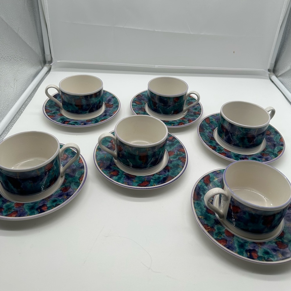 6 Sango Jewel Coffee Cups Mugs & Flat Saucers Plates